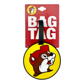 Buc-ee's bright yellow bag tag with cartoon beaver graphic and red cap