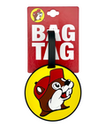 Buc-ee's bright yellow bag tag with cartoon beaver graphic and red cap