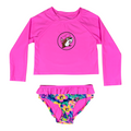 Buc-ee's bright pink toddler swimsuit - full sleeve top and ruffle bottoms