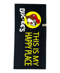 Buc-ee's black towel - 32x64 inches with cheerful text