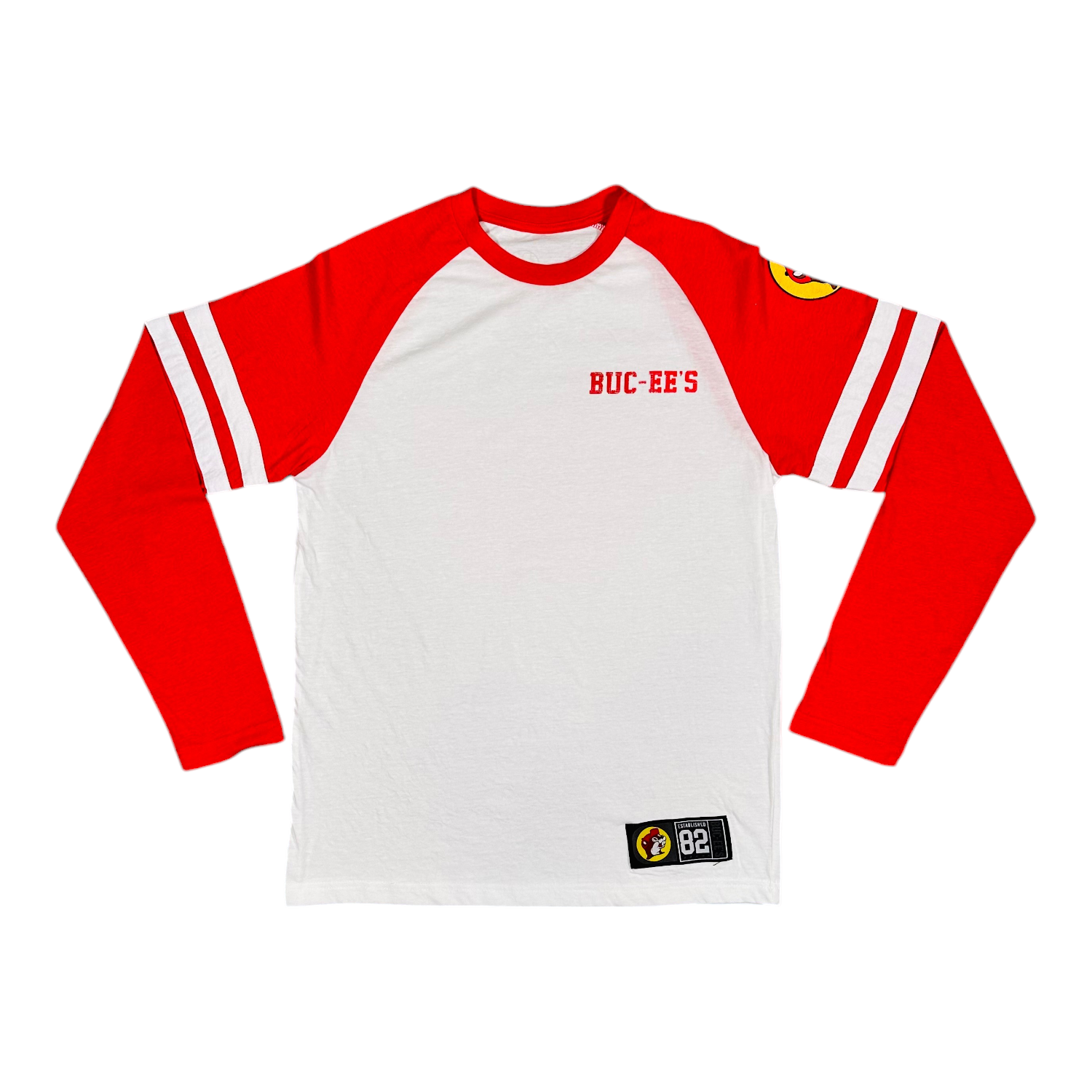 Adult Buc-ee's Red White Raglan Baseball Tee – Logo Sleeve
