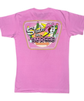 Buc-ee's pink cotton t-shirt with colorful 'Stuck on Buc-ee's' graphic