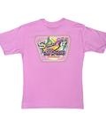 Buc-ee's pink t-shirt featuring colorful cartoon beaver graphic and playful text