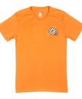 Buc-ee's orange cotton t-shirt with colorful flower graphic and cartoon character