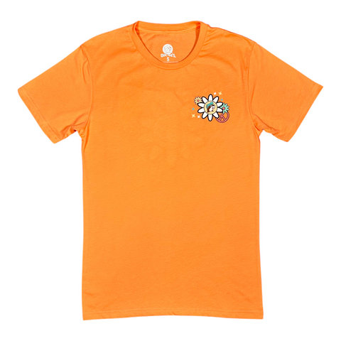 Buc-ee's orange cotton t-shirt with colorful flower graphic and cartoon character