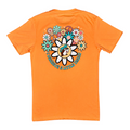 Buc-ee's bright orange tee featuring whimsical text and floral design