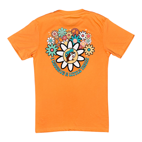 Buc-ee's bright orange tee featuring whimsical text and floral design