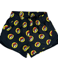 Buc-ee's black youth shorts with colorful beaver logos and yellow circles