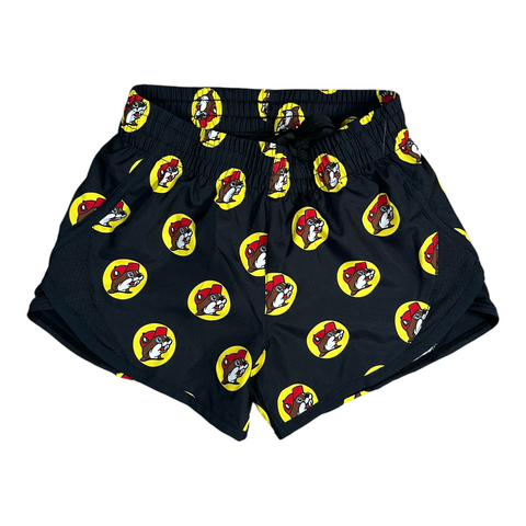 Buc-ee's black youth shorts with colorful beaver logos and yellow circles