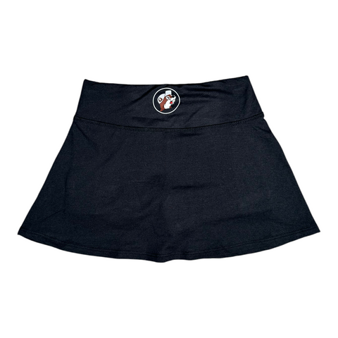 Buc-ee's black skort with colorful circular graphic on waistband