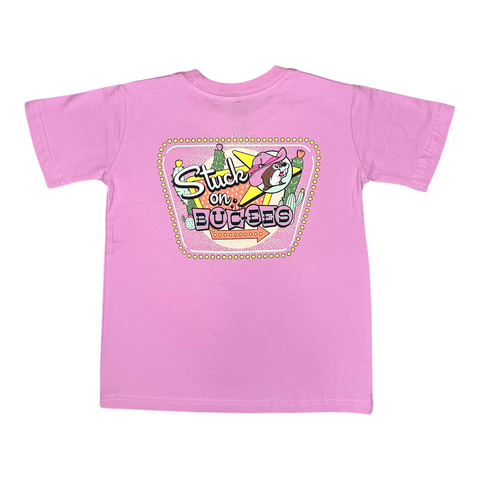 Buc-ee's soft pink shirt featuring "Stuck on Buc-ee's" text and bunny design