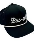 Buc-ee's black snapback hat with white cursive lettering and rope brim