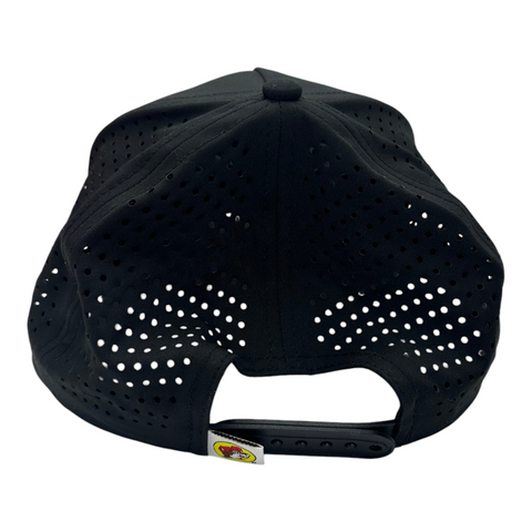 Buc-ee's black snapback cap with stylish white rope detail and cursive text