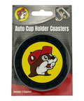 Buc-ee's yellow cup holder coasters with black trim and bold text