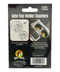 Buc-ee's auto coasters featuring a bright yellow design and black outer edge