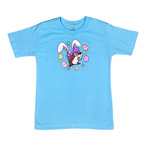 Buc-ee's light blue youth t-shirt - Easter design with playful text