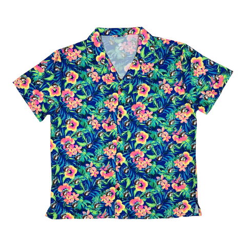 Buc-ee's navy blue camp shirt - tropical print design