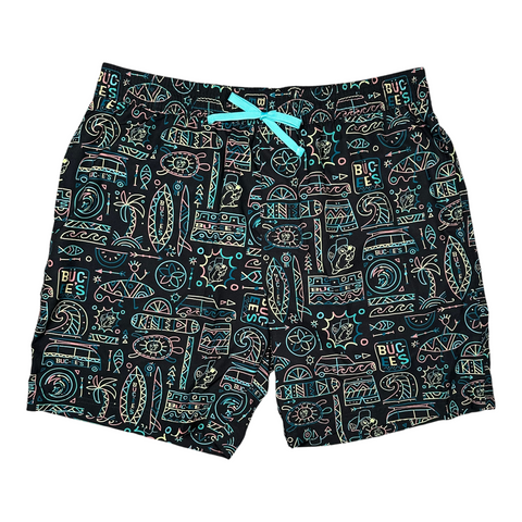 Buc-ee's black swim shorts - neon tiki design