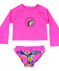 Buc-ee's bright pink toddler swimsuit - full sleeve top and ruffle bottoms