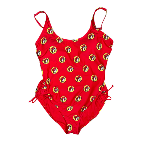 Buc-ee's red one-piece swimsuit - adjustable side and strap features