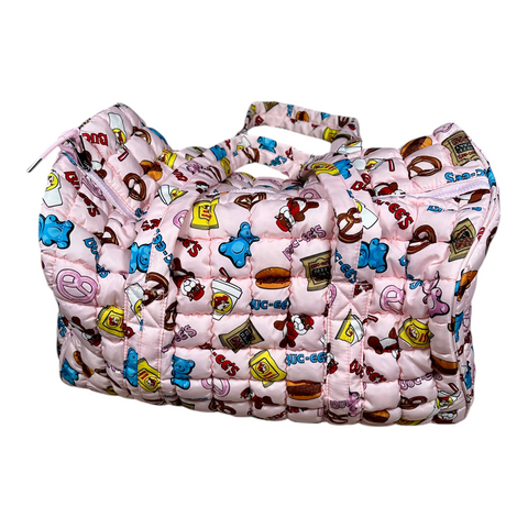 Buc-ee's pink puffy duffle - spacious main zipper pocket