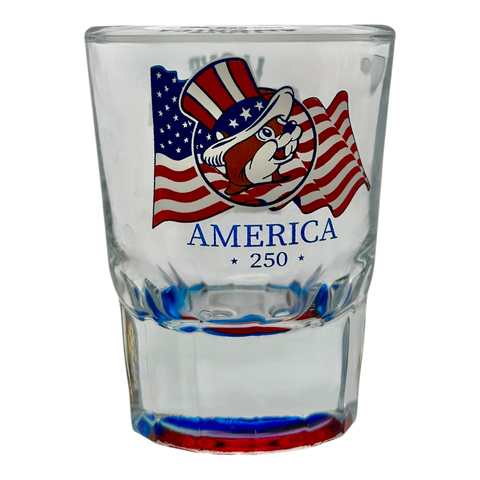 Buc-ee's clear shot glass - red and blue bottom base