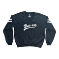 Black crew sweater with striped sleeves - soft fabric