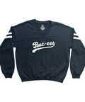Black crew sweater with striped sleeves - soft fabric
