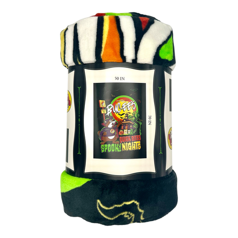 Multi-color blanket - "quick bites, spooky nights" printed text