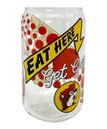 Clear can-shaped glass - "Eat Here, Get Gas" design