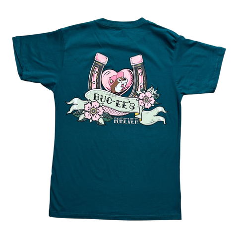 Teal t-shirt - playful pink design